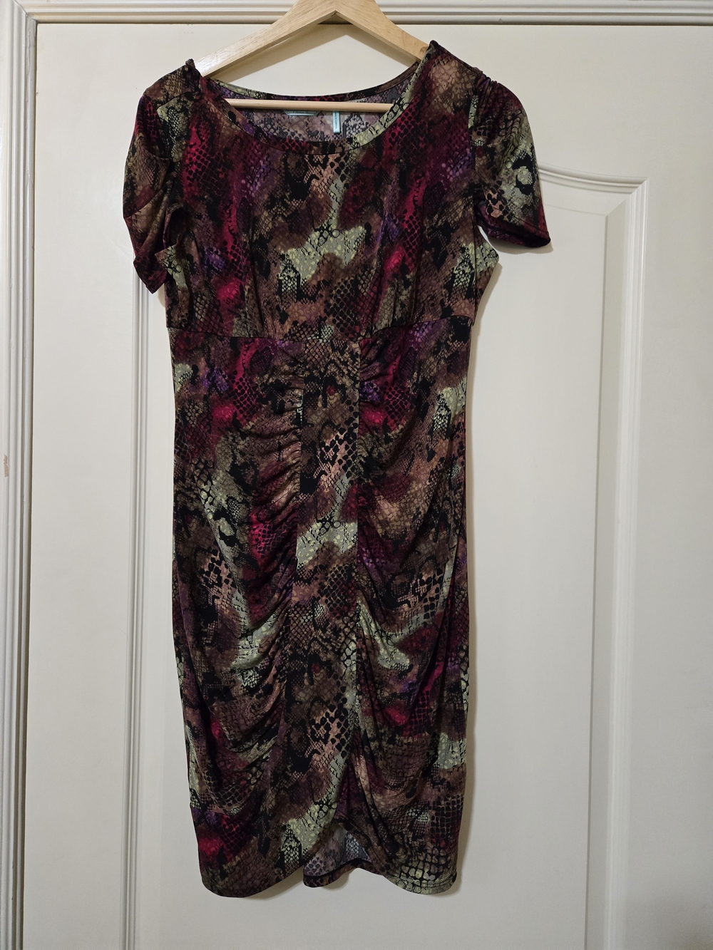 Snake-Print Ruched Midi Dress in Pink and Brown Fall Femin8ne Elegant Light